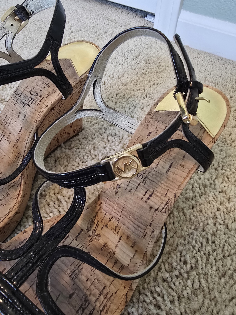 Michael Kors Black Patent Leather Cork Wedge Sandals with Gold MK Accent - Picture 3 of 4